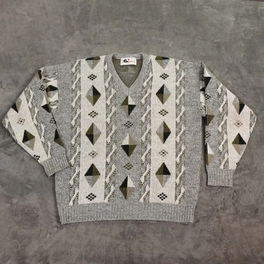 Vtg Cooper Sweater Mens Extra Large‎ White Gray Geoetric Wool Canada Birds Eye